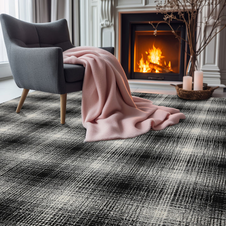 8x10 Black White Color Hand Hooked Plaid Wool Modern & Contemporary Oriental Rug