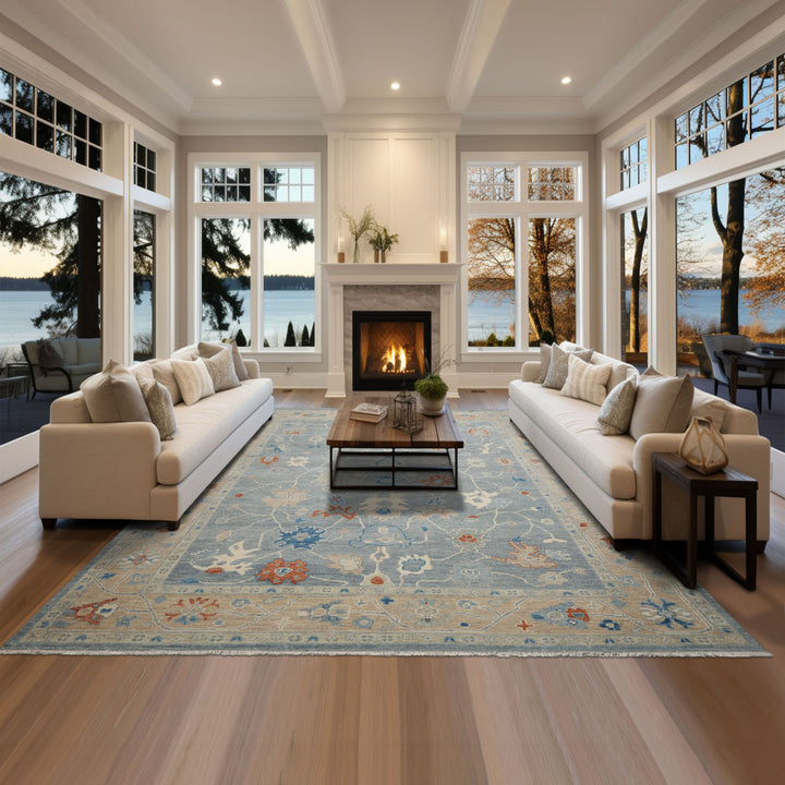 Multi Size Blue Taupe Ivory Color Hand Knotted Oushak Wool Arts & Crafts Oriental Rug