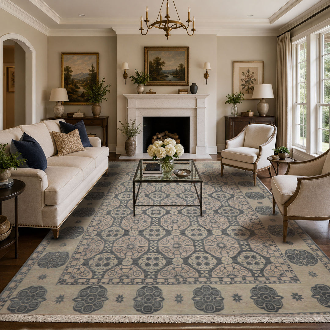 8x10 Gray, Beige, Blush Color Hand Knotted  Wool Transitional Oriental Rug