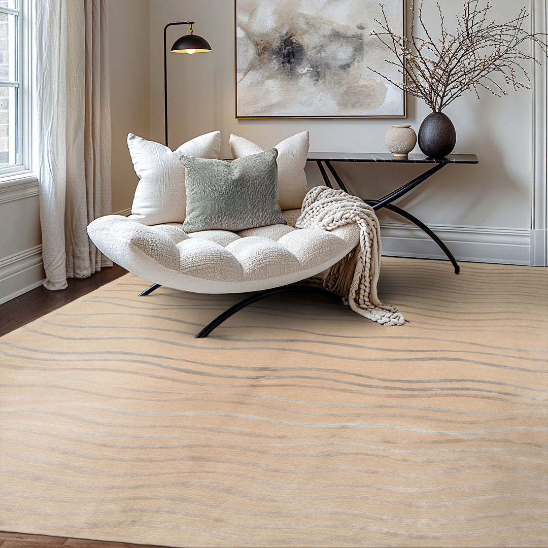 6x9 Beige, Taupe, Gray Color Hand Knotted Abstract Wool and Silk Contemporary Oriental Rug
