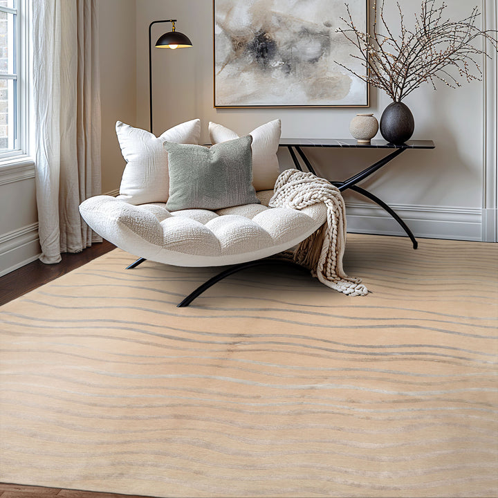 6x9 Beige, Taupe, Gray Color Hand Knotted Abstract Wool and Silk Contemporary Oriental Rug