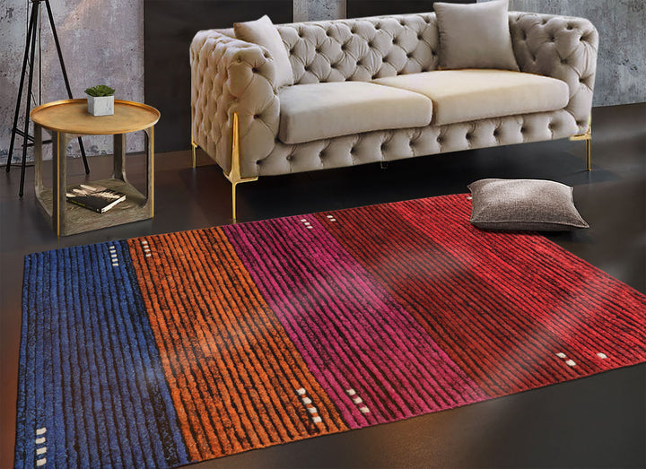 3x5 Orange, Brown, Pink Color Hand Knotted Striped Wool Modern Oriental Rug