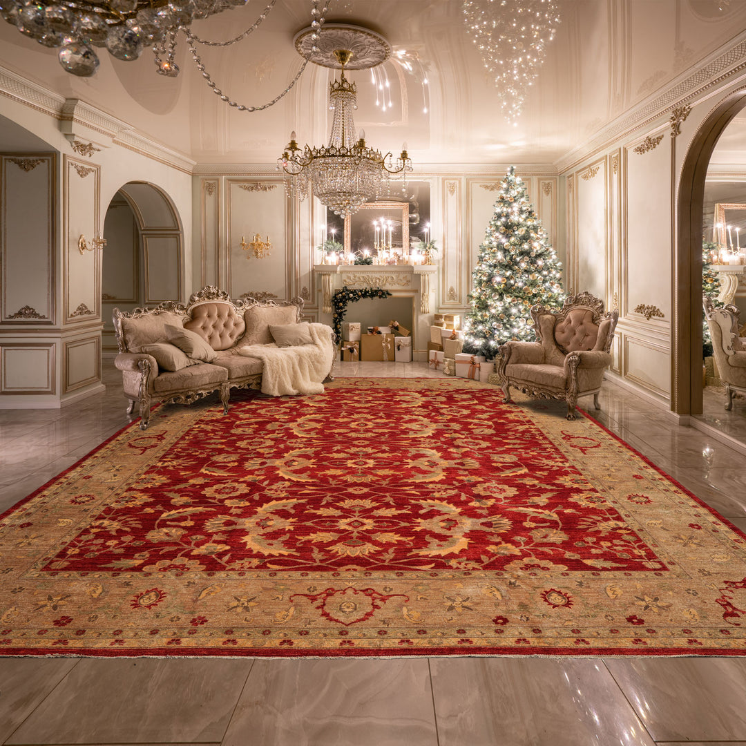 12x15 Red, Tan, Moss Color Hand Knotted All-Over Wool Traditional Oriental Rug