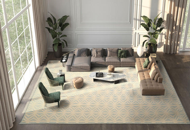 10x14 Ivory, Aqua Blue, Color Hand Knotted Geometric Wool Transitional Oriental Rug