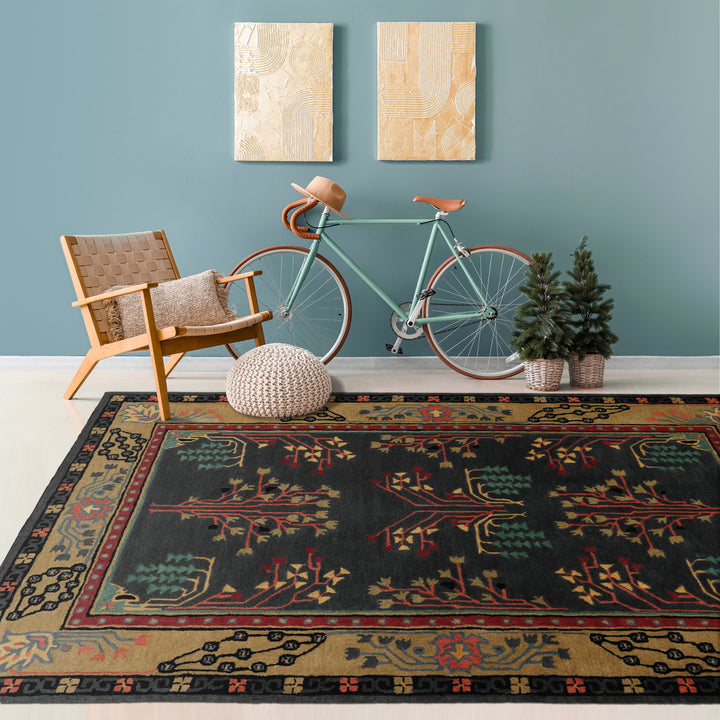 5x8 Graphite Pistachio Coral Color Hand Tufted Donegal Wool Arts & Crafts/Mission Oriental Rug