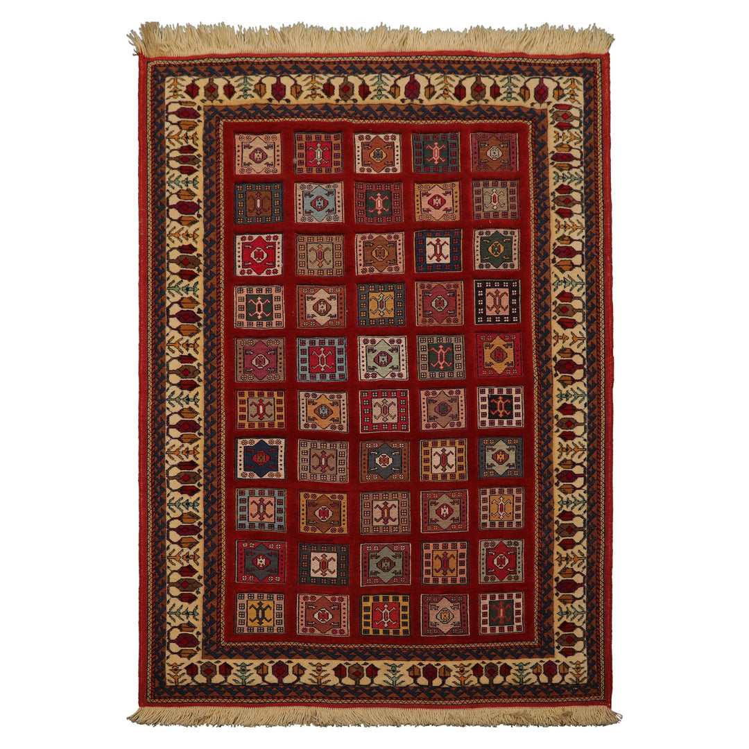 4x6 Rust, Ivory, Blue Color Hand Knotted Shiraz Wool Traditional Oriental Rug
