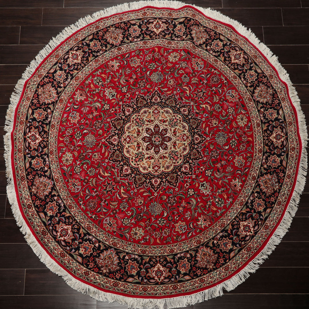 Round Red, Black, Ivory Color Hand Knotted Tabriz Round Wool & Silk Traditional Oriental Rug