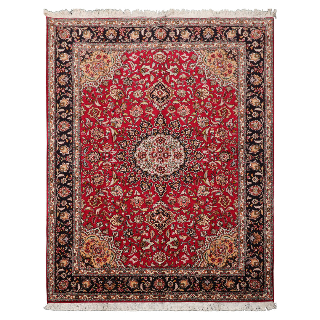 5x7 Red, Black, Ivory Color Hand Knotted Tabriz Wool & Silk Traditional Oriental Rug