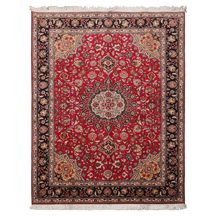 5x7 Red, Black, Ivory Color Hand Knotted Tabriz Wool & Silk Traditional Oriental Rug