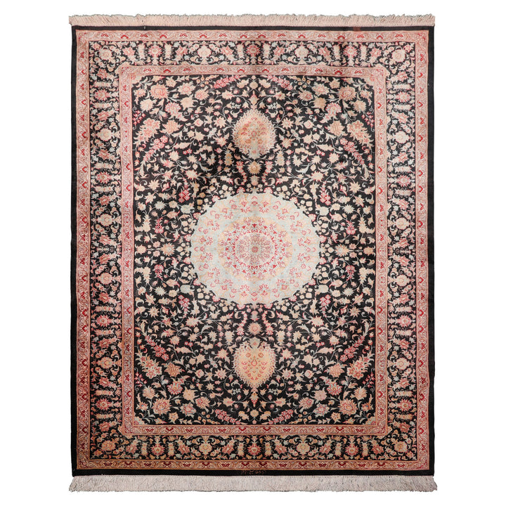 4x6 Charcoal, Peach, Aqua Color Hand Knotted Qum All Silk Silk Traditional Oriental Rug