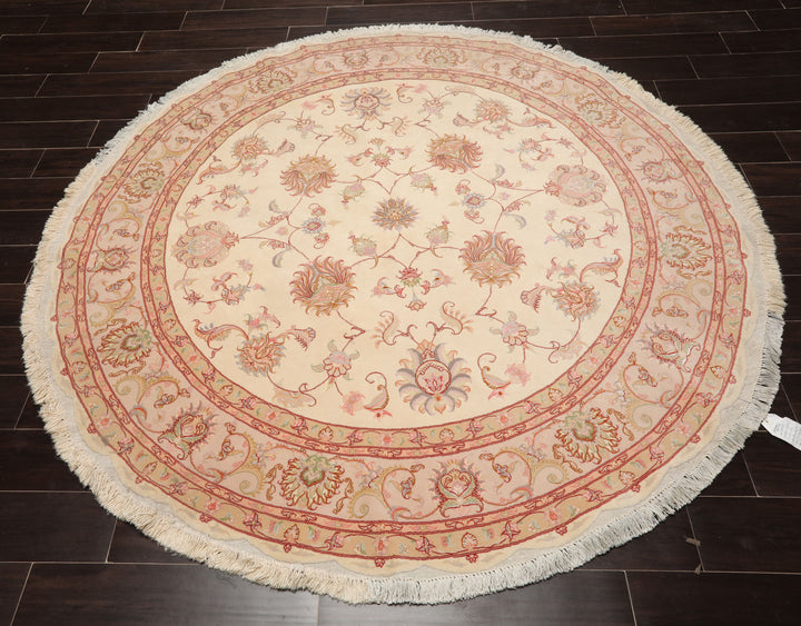 Round Ivory, Rose, Beige Color Hand Knotted Tabriz Round Wool & Silk Traditional Oriental Rug