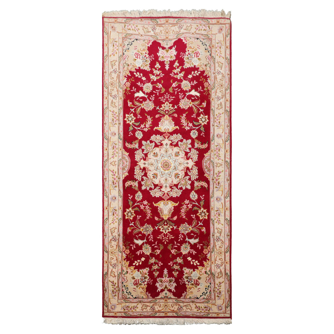 Runner Red, Ivory, Rose Color Hand Knotted Tabriz Wool & Silk Traditional Oriental Rug