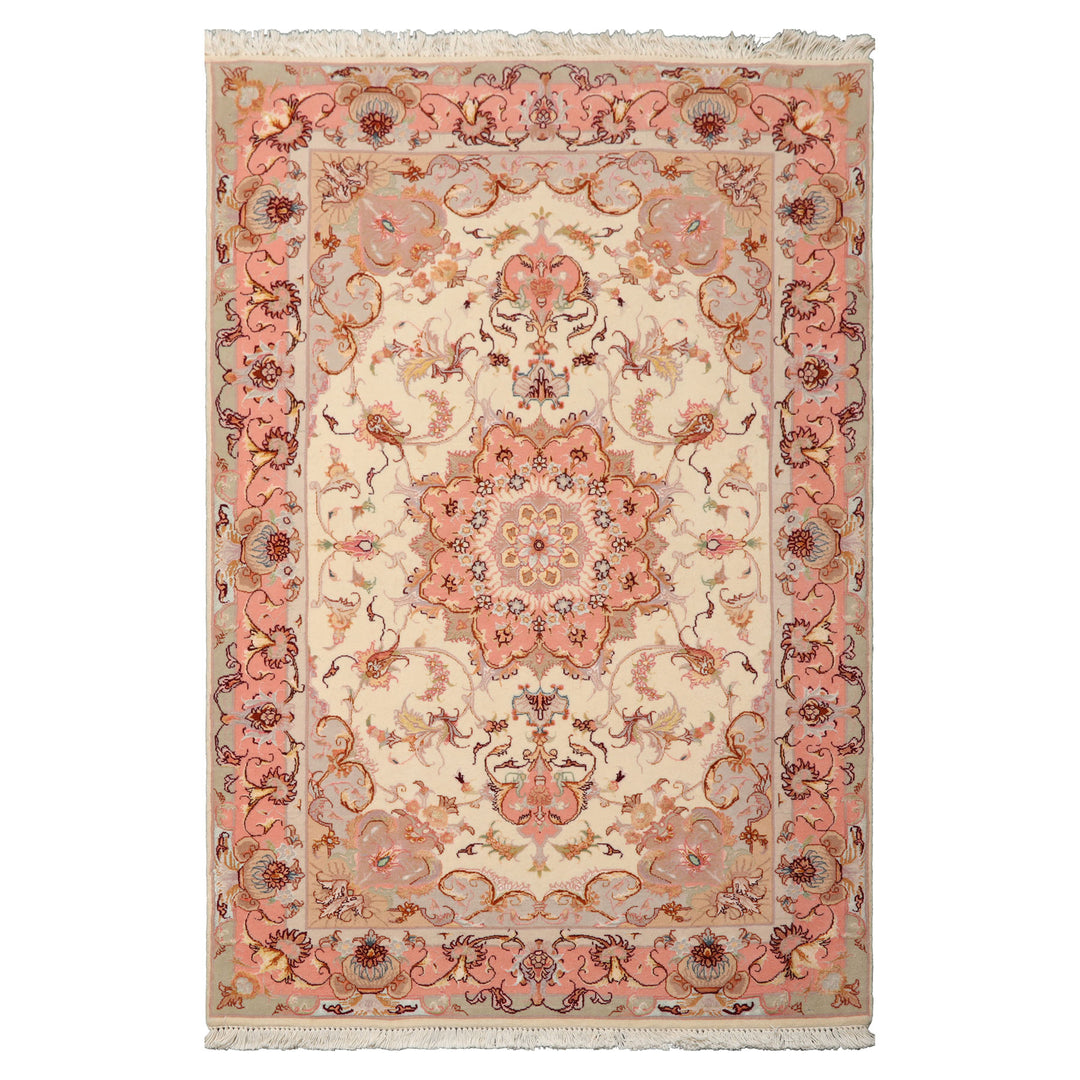 3x5 Ivory, Rose, Taupe Color Hand Knotted Tabriz Wool & Silk Traditional Oriental Rug