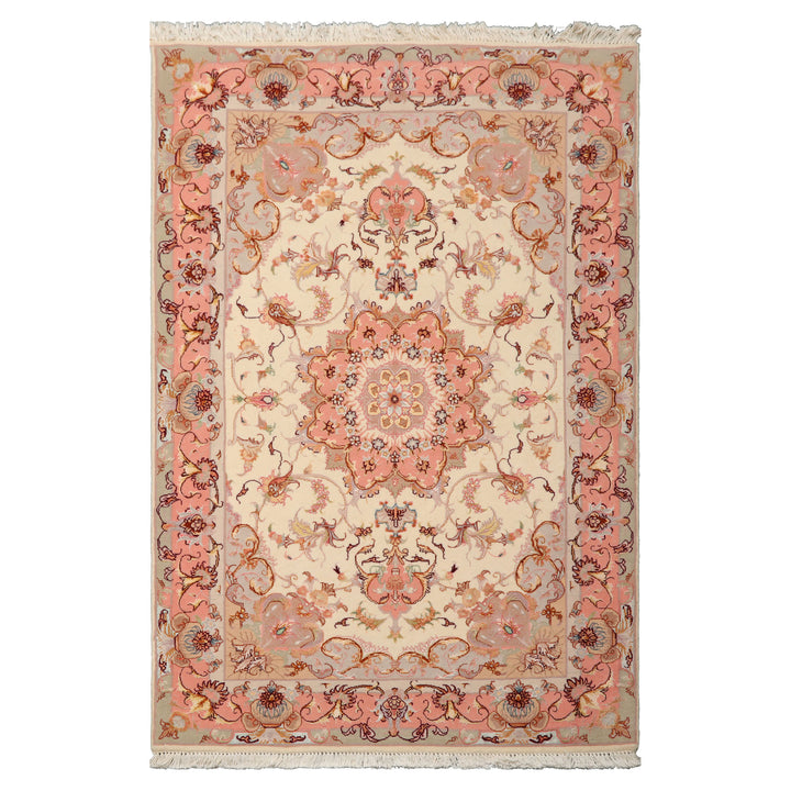 3x5 Ivory, Rose, Taupe Color Hand Knotted Tabriz Wool & Silk Traditional Oriental Rug
