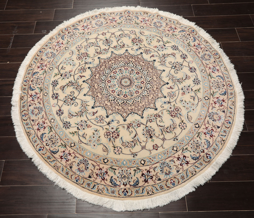 Round Ivory, Tan, Rose Color Hand Knotted Nain Round Wool & Silk Traditional Oriental Rug