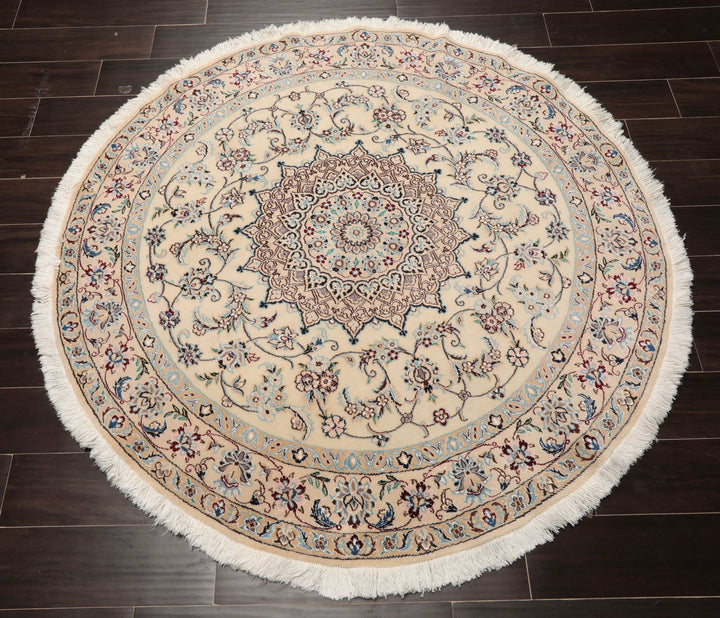 Round Ivory, Tan, Rose Color Hand Knotted Nain Round Wool & Silk Traditional Oriental Rug