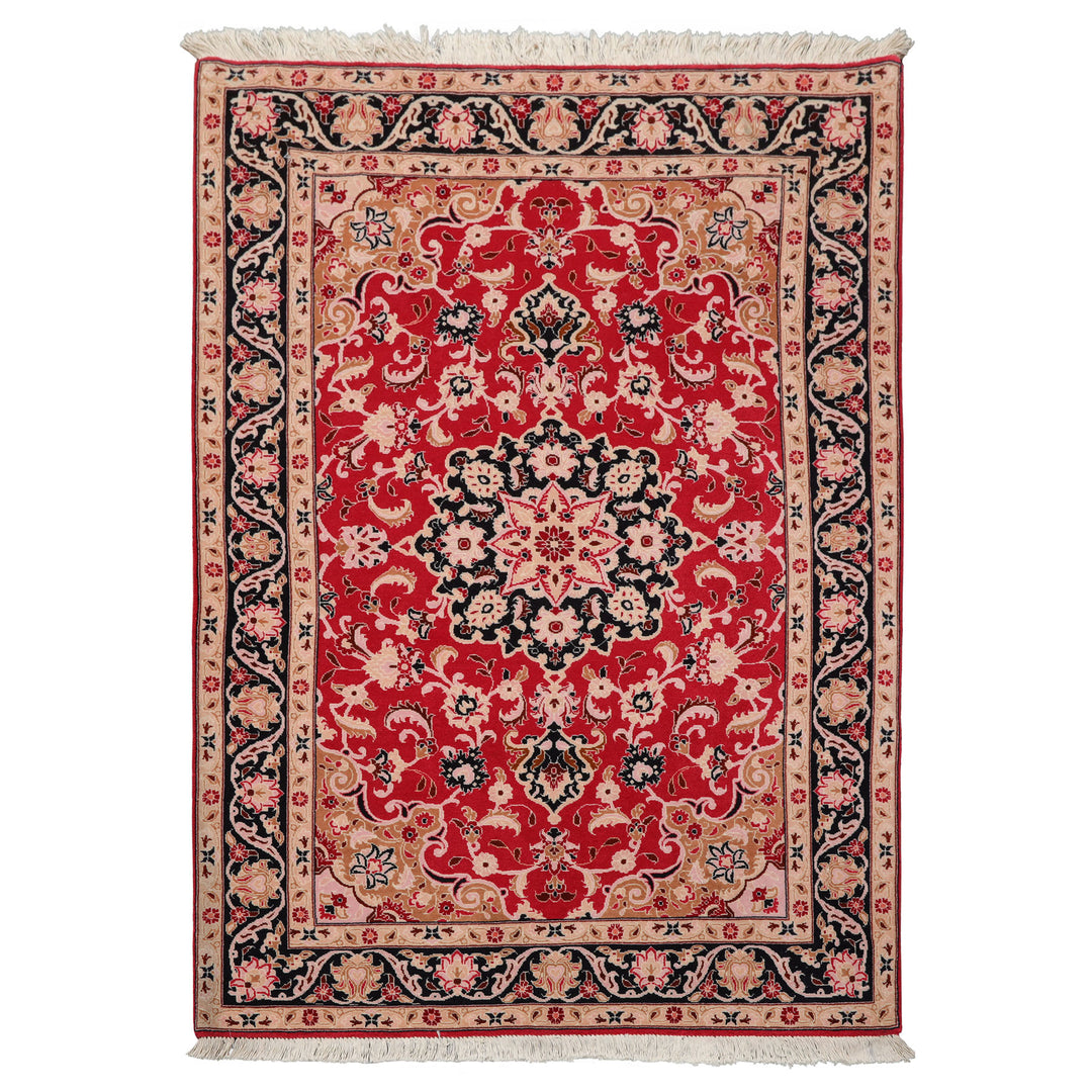 3x5 Red, Black, Tan Color Hand Knotted Tabriz Wool & Silk Traditional Oriental Rug