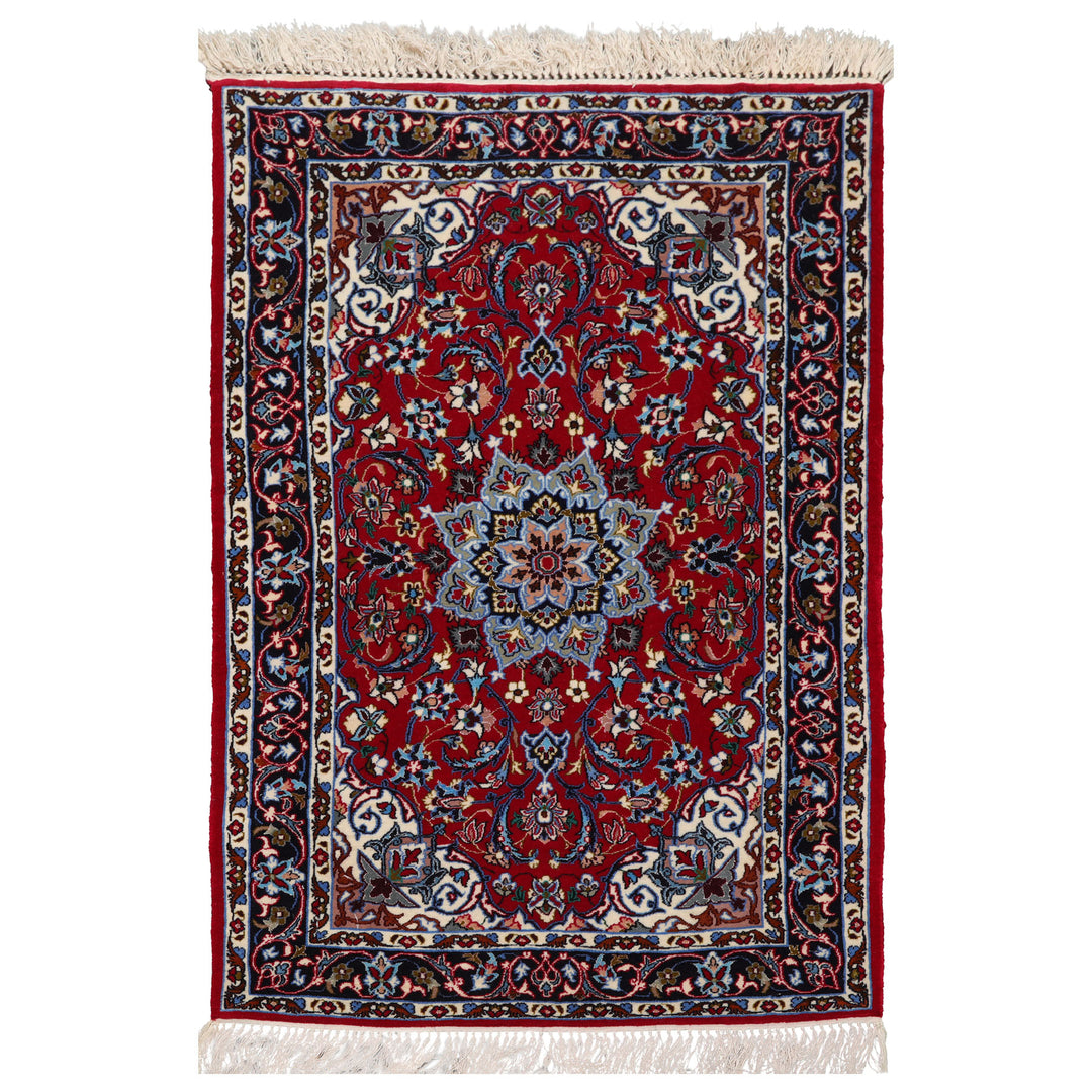 2x3 Red, Navy, Ivory Color Hand Knotted Isfahan Wool & Silk Traditional Oriental Rug