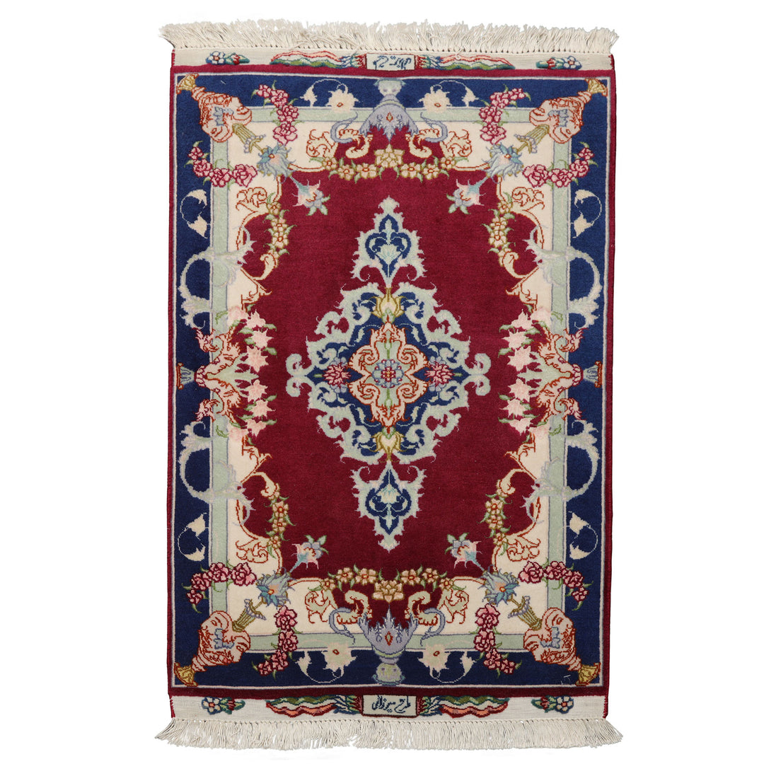 2x3 Mauve, Navy, Ivory Color Hand Knotted Tabriz Wool & Silk Traditional Oriental Rug