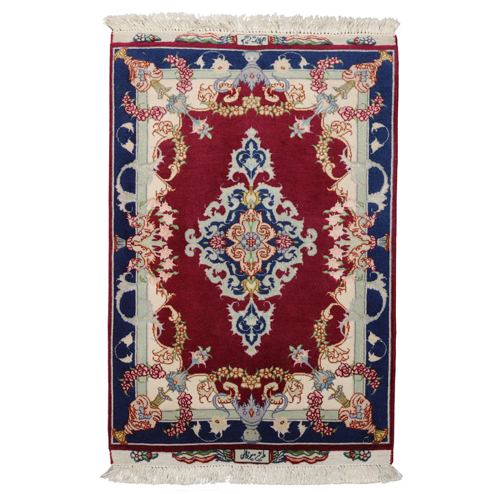 2x3 Mauve, Navy, Ivory Color Hand Knotted Tabriz Wool & Silk Traditional Oriental Rug