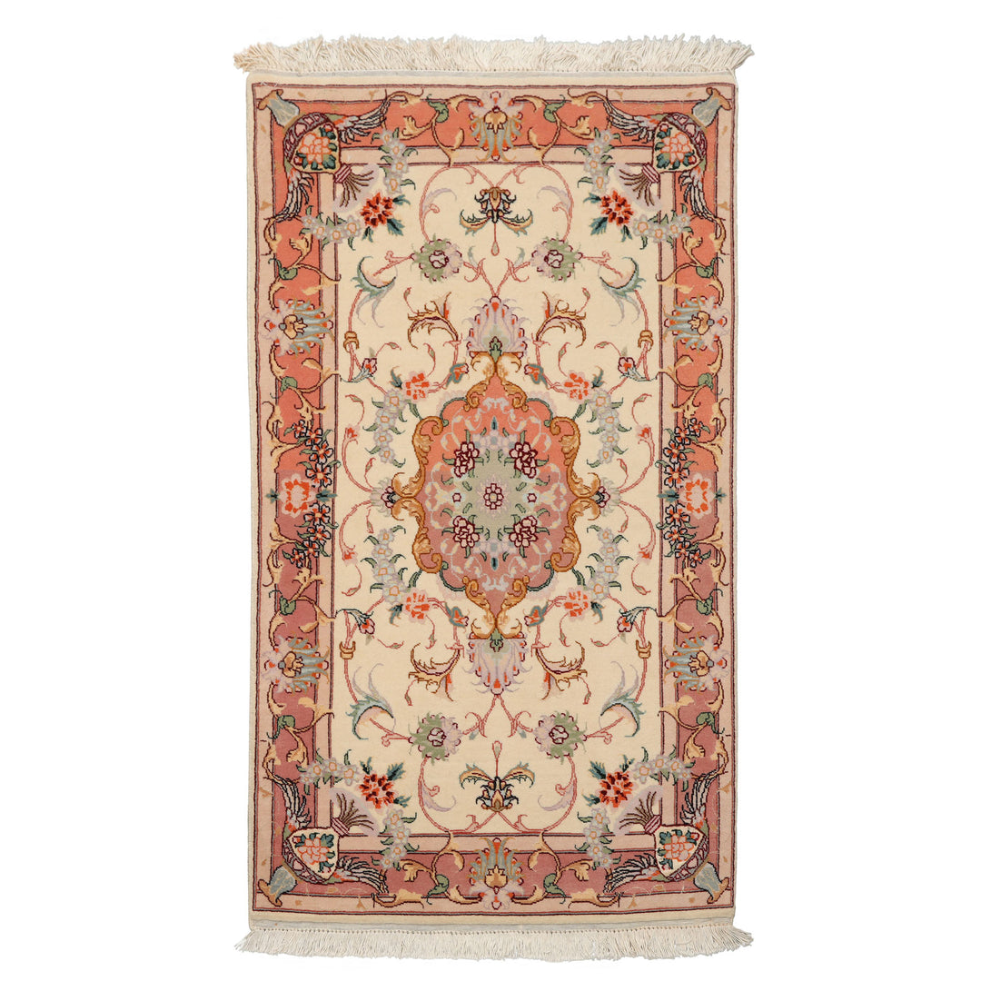 2x4 Ivory, Peach, Gold Color Hand Knotted Tabriz Wool & Silk Traditional Oriental Rug