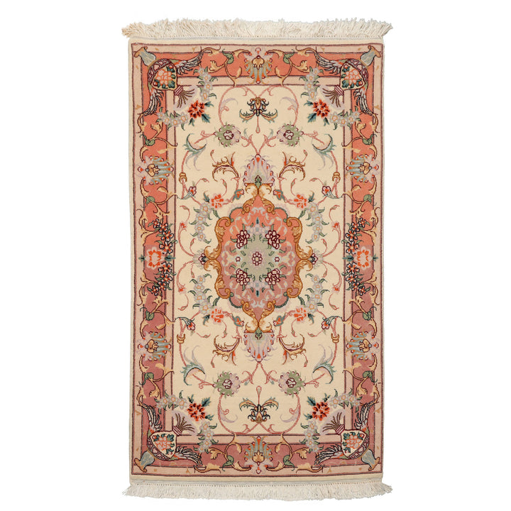 2x4 Ivory, Peach, Gold Color Hand Knotted Tabriz Wool & Silk Traditional Oriental Rug
