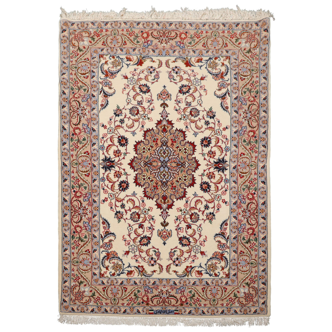 3x5 Ivory, Peach, Blue Color Hand Knotted Isfahan Wool & Silk Traditional Oriental Rug