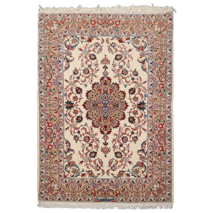 3x5 Ivory, Peach, Blue Color Hand Knotted Isfahan Wool & Silk Traditional Oriental Rug