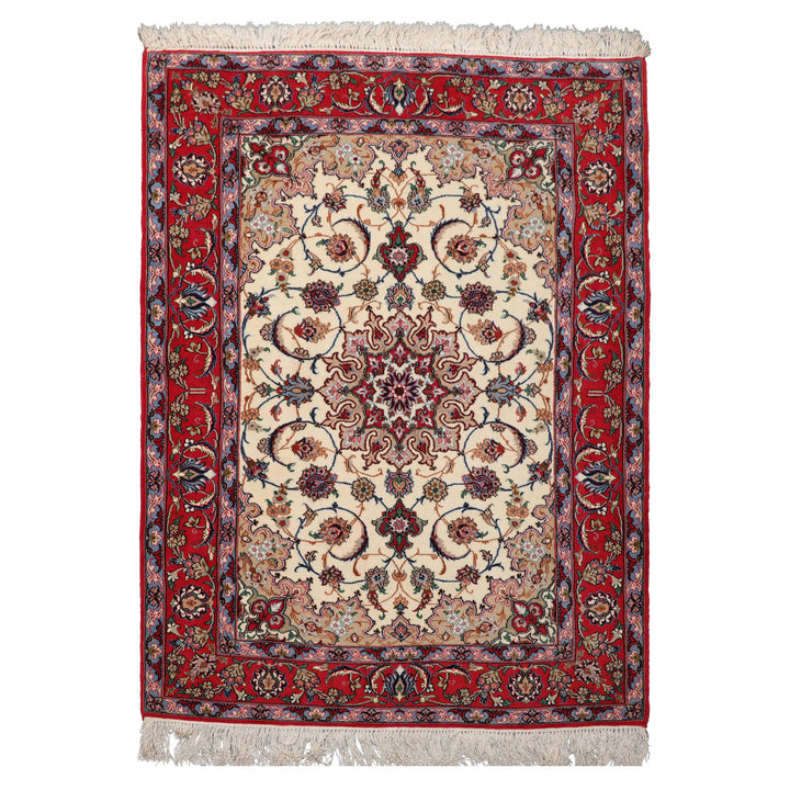 3x5 Ivory, Red, Blue Color Hand Knotted Isfahan Wool & Silk Traditional Oriental Rug