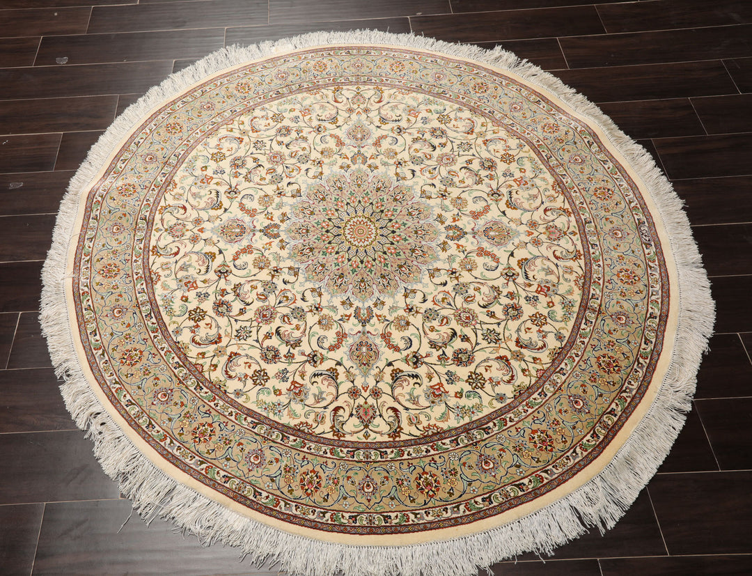 Round Ivory, Moss, Brown Color Hand Knotted Qum All Silk Silk Traditional Oriental Rug