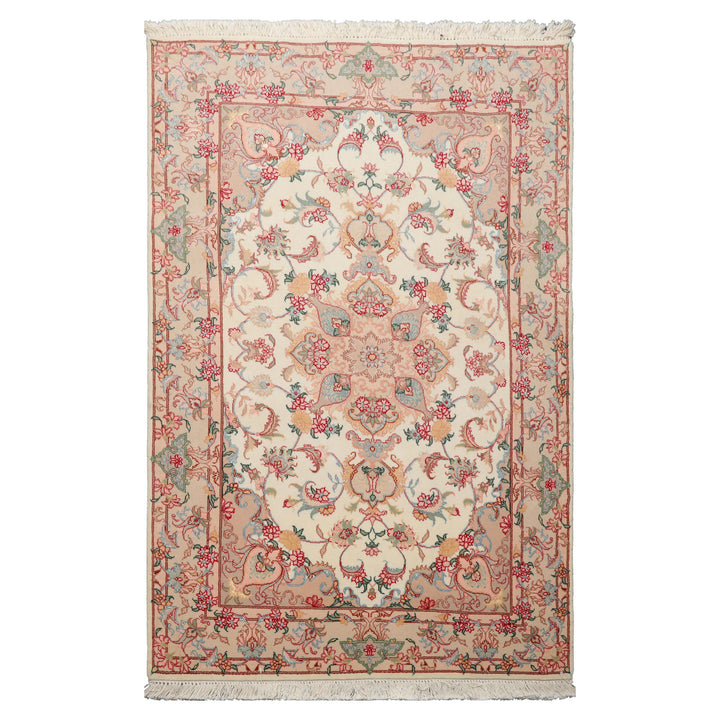 3x5 Ivory, Rose, Peach Color Hand Knotted Tabriz Wool & Silk Traditional Oriental Rug