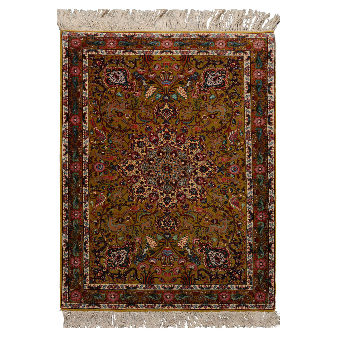 3x5 Mustard, Ivory, Green Color Hand Knotted Tabriz Wool & Silk Traditional Oriental Rug