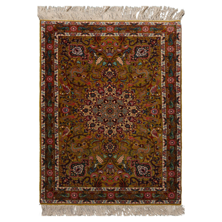3x5 Mustard, Ivory, Green Color Hand Knotted Tabriz Wool & Silk Traditional Oriental Rug