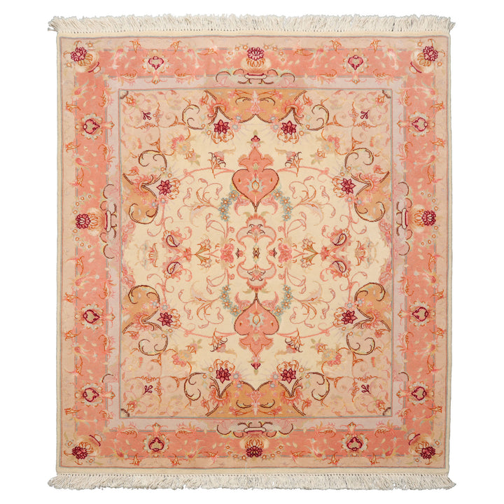3x4 Ivory, rose, Gray Color Hand Knotted Tabriz Wool & Silk Traditional Oriental Rug