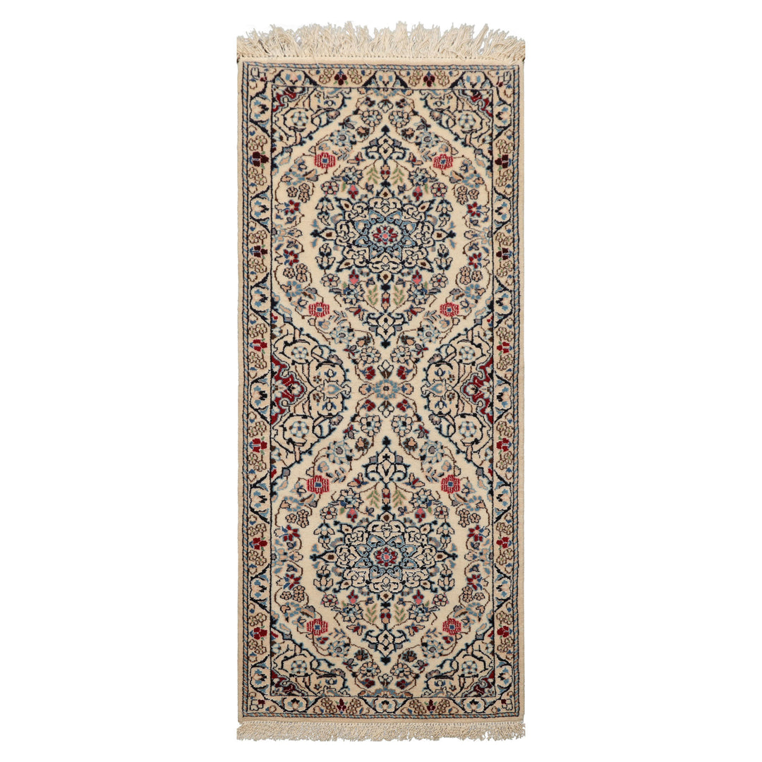 Runner Ivory, Blue, Maroon Color Hand Knotted Nain Wool & Silk Traditional Oriental Rug