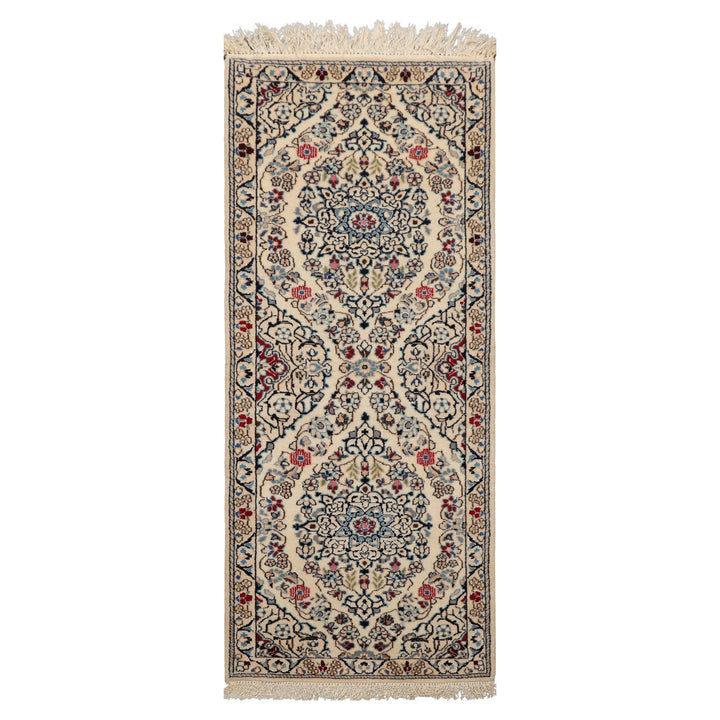 Runner Ivory, Blue, Maroon Color Hand Knotted Nain Wool & Silk Traditional Oriental Rug