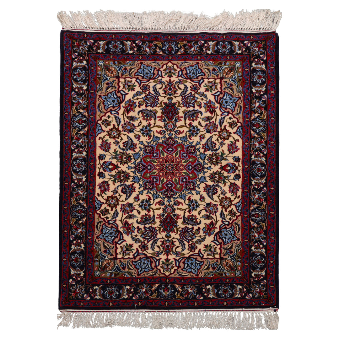 2x3 Beige, Navy, Red Color Hand Knotted Isfahan Wool & Silk Traditional Oriental Rug