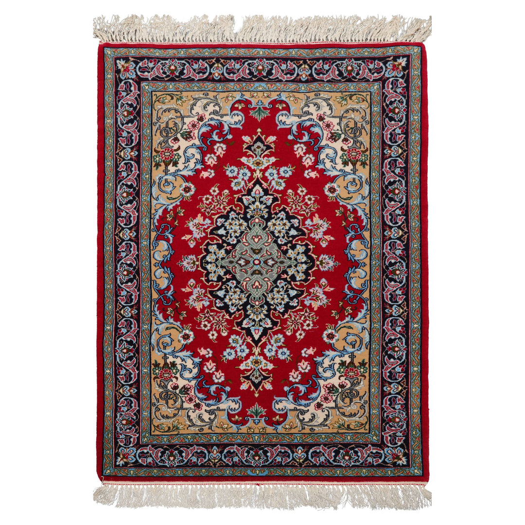 2x3 Red, Blue, Pistacchio Color Hand Knotted Isfahan Wool & Silk Traditional Oriental Rug