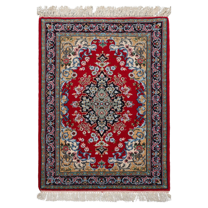 2x3 Red, Blue, Pistacchio Color Hand Knotted Isfahan Wool & Silk Traditional Oriental Rug