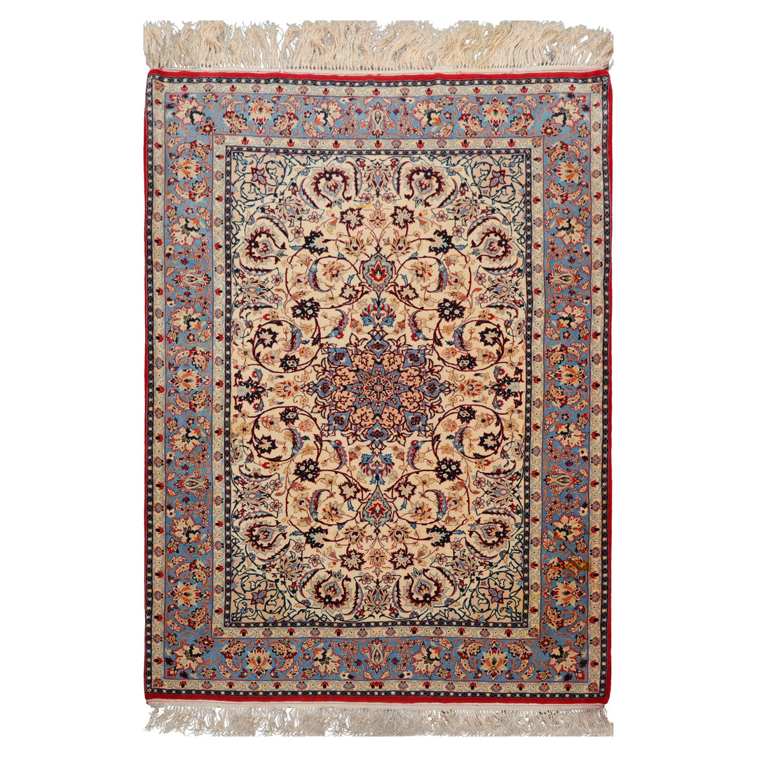 3x5 Ivory, Aqua, Blue Color Hand Knotted Isfahan Wool & Silk Traditional Oriental Rug