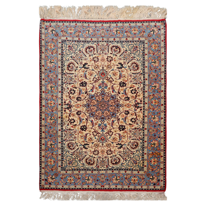 3x5 Ivory, Aqua, Blue Color Hand Knotted Isfahan Wool & Silk Traditional Oriental Rug