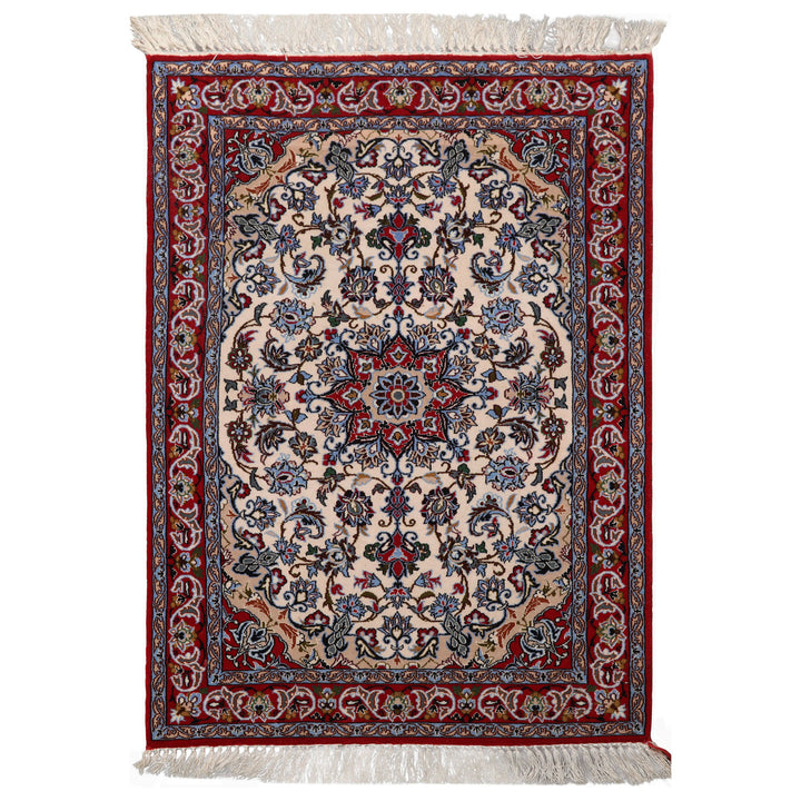 2x3 Ivory, Red, Blue Color Hand Knotted Isfahan Wool & Silk Traditional Oriental Rug