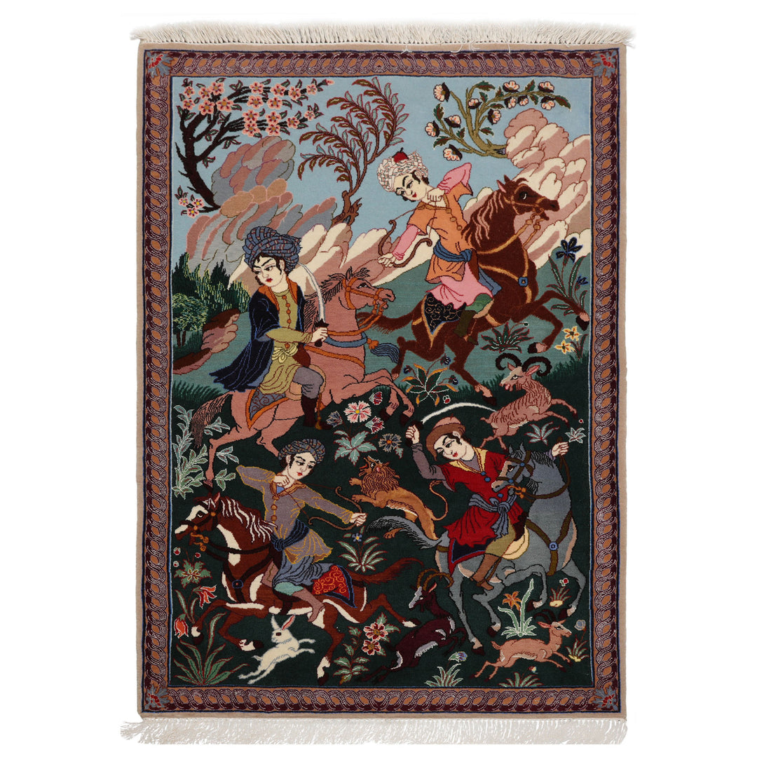 3x4 Green, Blue, Rose Color Hand Knotted Isfahan Wool & Silk Traditional Oriental Rug