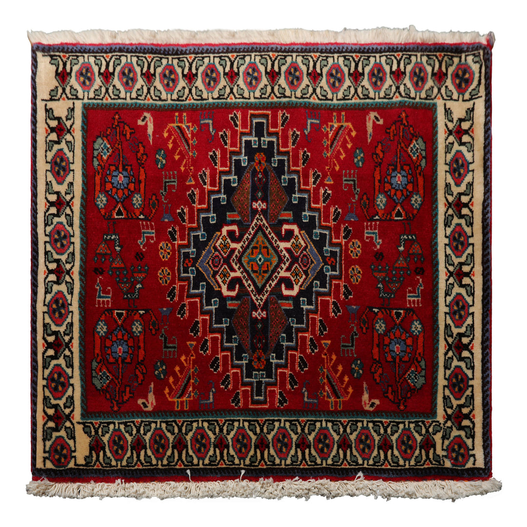 Square Red, Ivory, Navy Color Hand Knotted Abadeh Wool Traditional Oriental Rug
