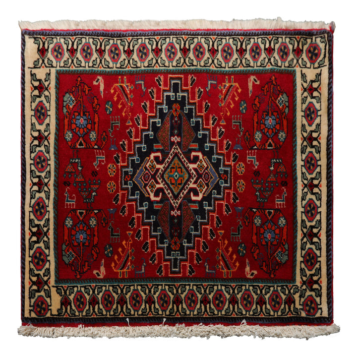 Square Red, Ivory, Navy Color Hand Knotted Abadeh Wool Traditional Oriental Rug