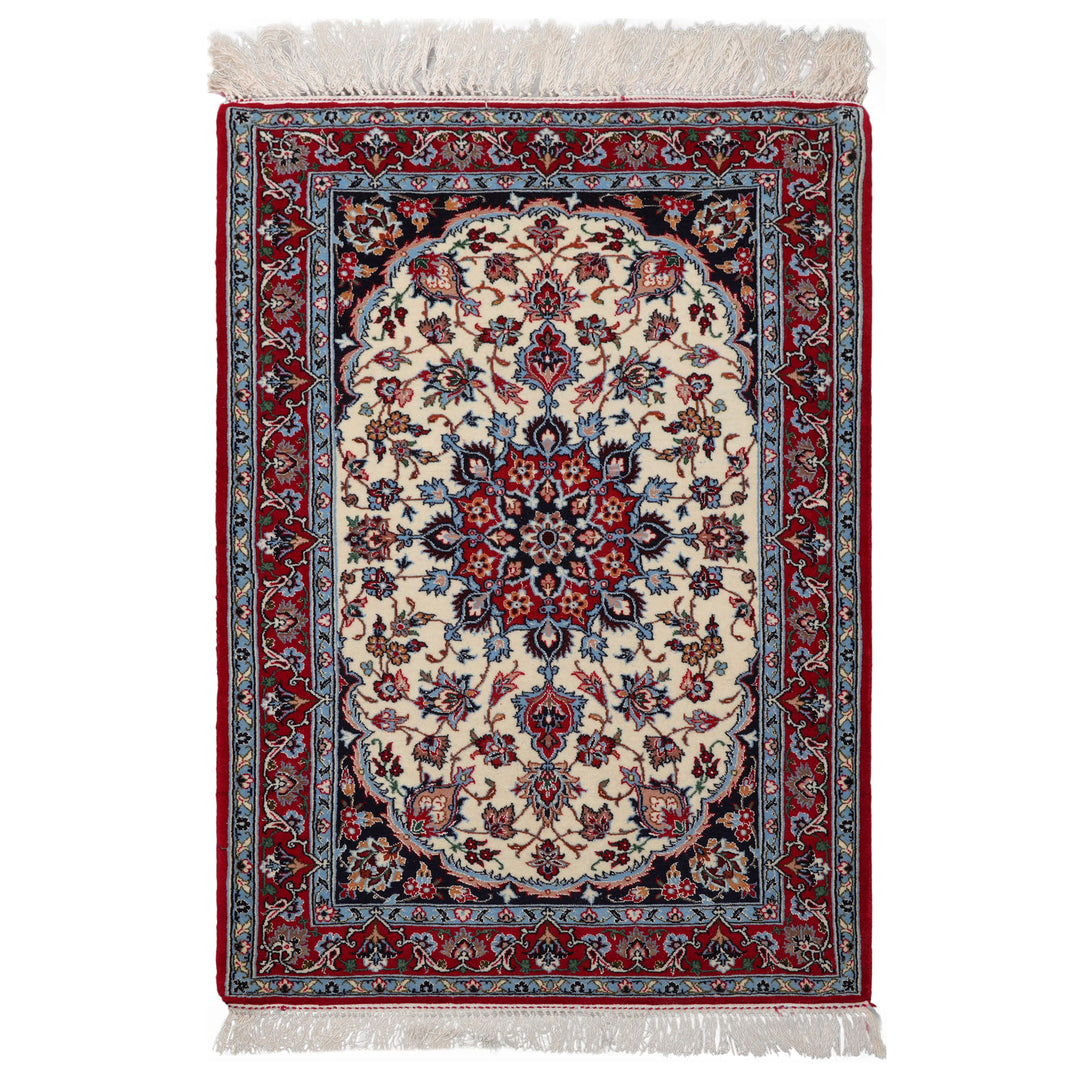 2x3 Ivory, Red, Blue Color Hand Knotted Isfahan Wool & Silk Traditional Oriental Rug