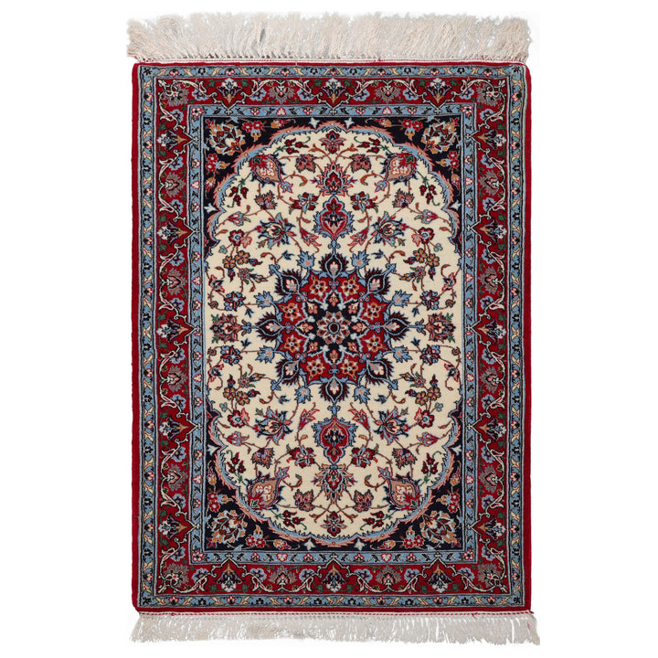 2x3 Ivory, Red, Blue Color Hand Knotted Isfahan Wool & Silk Traditional Oriental Rug