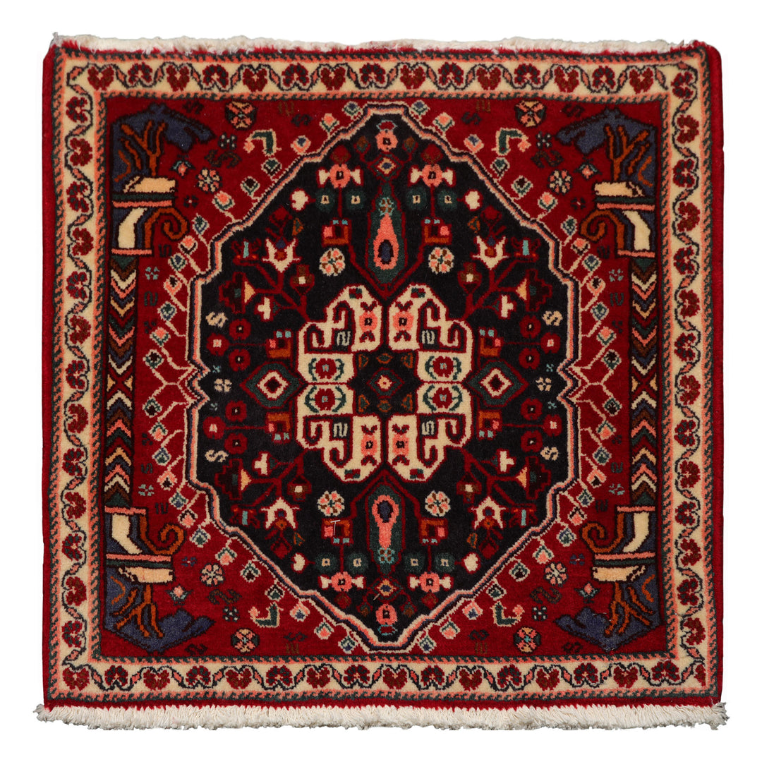 Square Red, Navy, Coal Color Hand Knotted Abadeh Wool Traditional Oriental Rug
