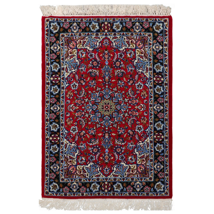 2x3 Red, Navy, Green Color Hand Knotted Isfahan Wool & Silk Traditional Oriental Rug