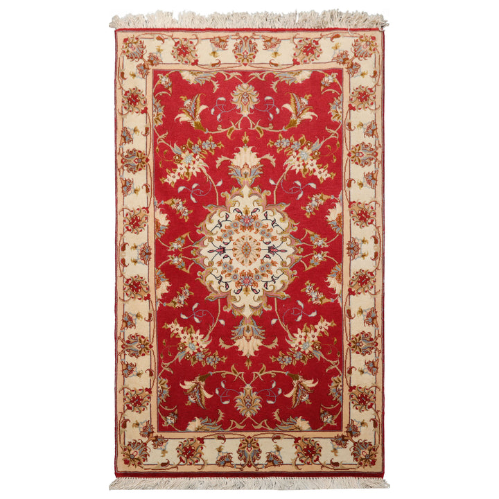 2x4 Rose, Ivory, Green Color Hand Knotted Tabriz Wool & Silk Traditional Oriental Rug
